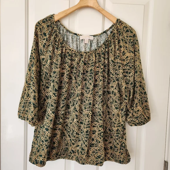 Michael Kors Womens Top Green Gold Chain Link Logo Print 3/4 Sleeve 3X - Picture 3 of 12